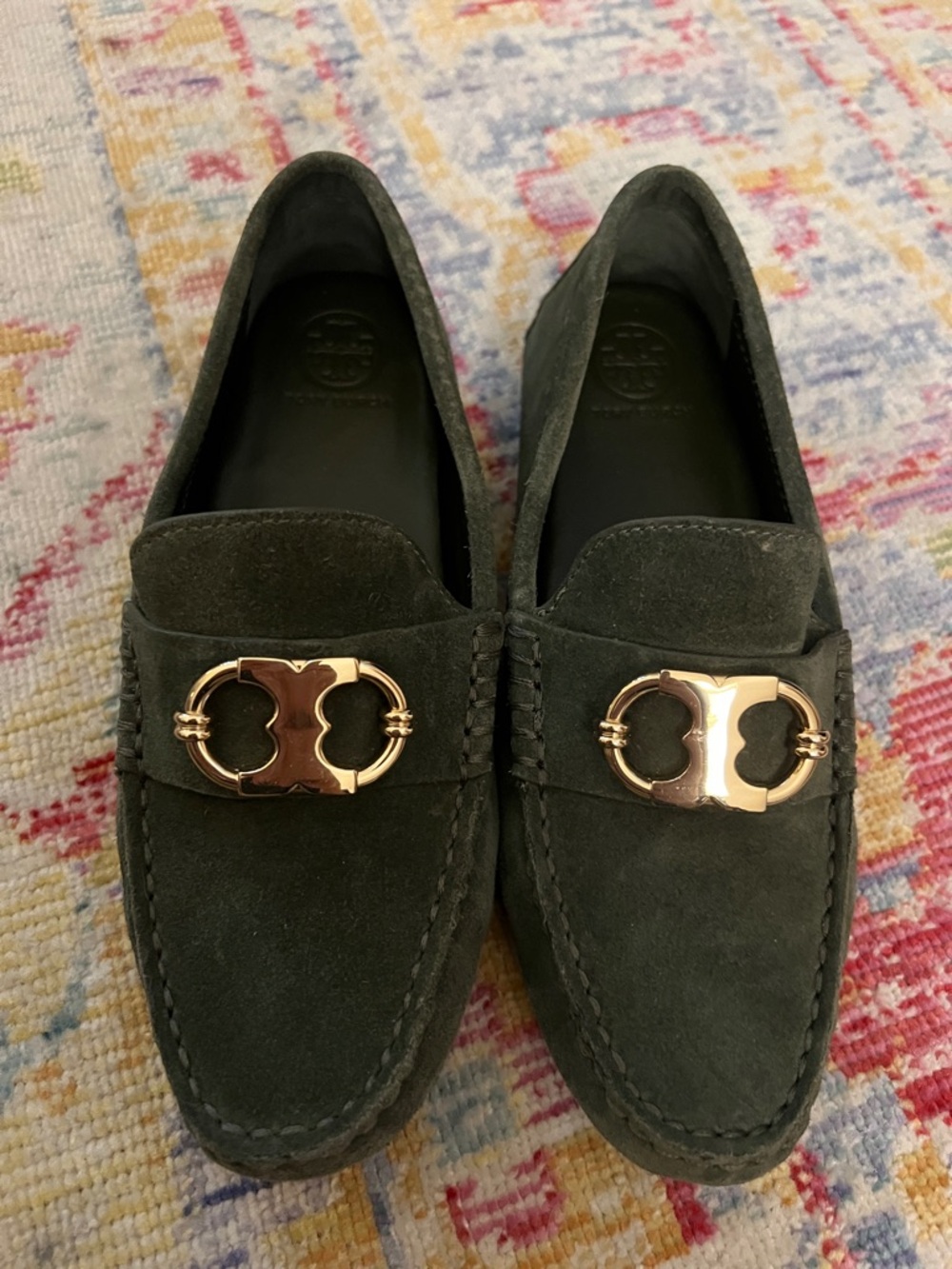 Tory Burch Suede Loafers in Dark Green with Gold Hardware